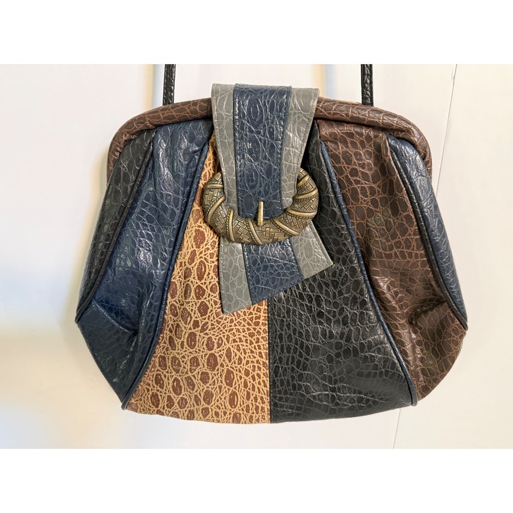Vintage Desiree Patchwork Faux Croc Snakeskin Crossbody Bag Brass Buckle